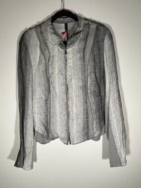 NWT Inizio black white linen cotton ruffle lagenlook zip-up jacket XL bohemian
